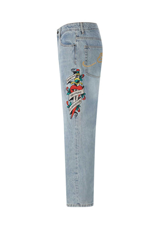 Mens Death Before Tattoo Graphic Denim Trousers Jeans - Blue