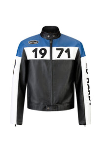 Mens ED-1971 Moto Biker Jacket- Black/Blue/White
