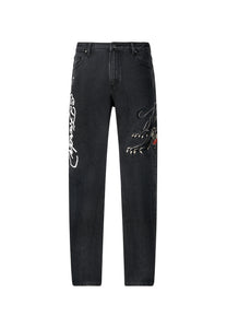 Mens Panther-Crouch-Leap Tattoo Graphic Relaxed Denim Trousers Jeans - Black