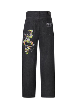 Mens Panther-Slither Tattoo Graphic Relaxed Denim Trousers Jeans - Black