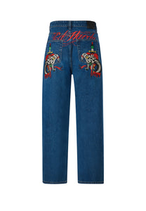 Mens Snake Sever Tattoo Graphic Relaxed Denim Trousers Jeans - Indigo