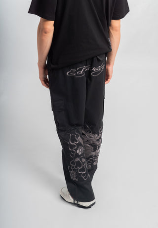 Mens Vintage-Dragon Embroidered Combat Trousers - Black