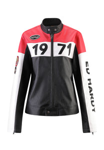 Womens ED-1971 Moto Biker Jacket- Black/Red/White