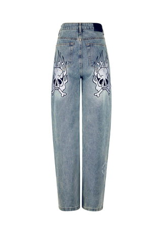 Womens Flaming Skull Relaxed Denim Trousers Jeans - Blue