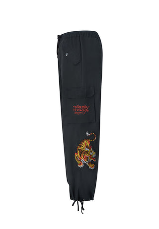 Mens Double Tiger Cargo Pants Trousers - Black