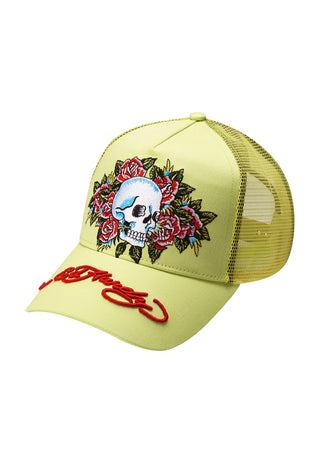 Skull-Rose Twill Front Mesh Trucker - Neon Lime