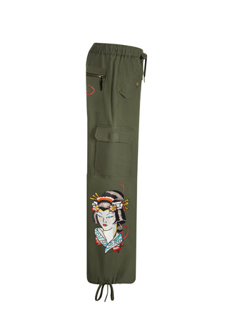 Womens Tokyo Geisha Cargo Pants Trousers - Olive
