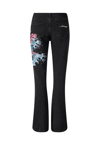 Womens Koi Fishing Bootleg Fit Denim Trousers Jeans - Black