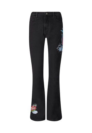 Womens Koi Fishing Bootleg Fit Denim Trousers Jeans - Black