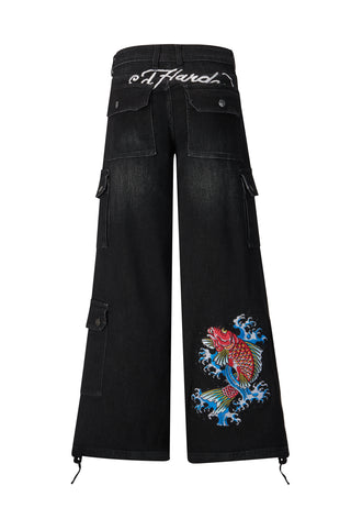 Womens Koi-Fishing Cargo Trousers Jeans - Black