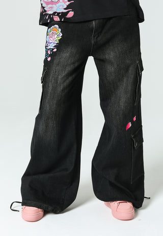 Womens Koi-Fishing Cargo Trousers Jeans - Black