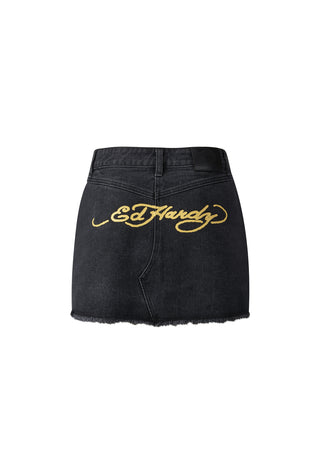 Womens Life-Before Drop Hem Embroidered Denim Mini Skirt - Black