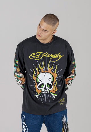 Mens Skull-Flame Long Sleeve T-Shirt - Charcoal