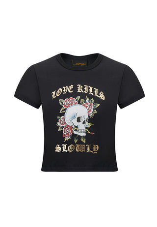 Womens Skull-Kills-Slow Cropped Baby T-Shirt  - Black