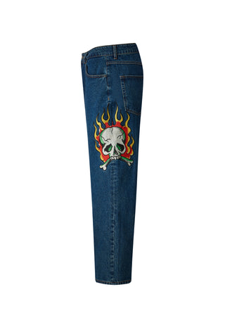 Mens Skull-Snake-Dagger Tattoo Graphic Denim Trousers Jeans - Indigo
