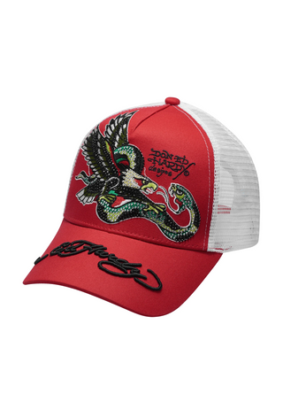 Unisex Eagle-Snake Twill Front Mesh Trucker Cap - Red